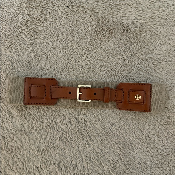 Tory Burch Accessories - Tory Burch Beige Stretch Waist Belt with Tan Leather Trim & Gold Logo XS